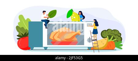 Microwave oven with closed door and microwave oven with chicken Electronic chicken roaster oven fast convenience eatable Clean isolated in kitchen int Stock Vector
