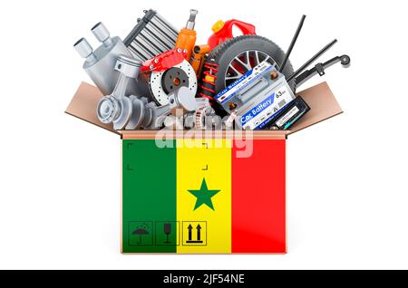 Senegalese flag painted on the parcel with car parts. 3D rendering isolated on white background Stock Photo