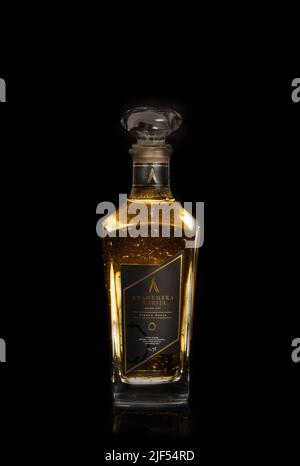 Belgrade, Serbia - June 24, 2022. Studio shoot of Golden Quince Akademska Rakija, Serbian exclusive brandy bottle closeup against dark background. Thr Stock Photo