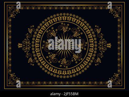 Vintage frame with gold luxury ornament of stylized flowers on swirling branches on a black background Stock Vector