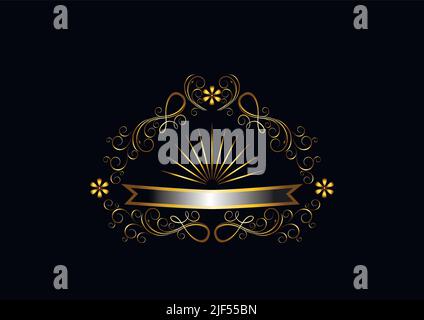 Delicate golden frame of petals, twisted stripes with golden flowers and golden rays over a silvery ribbon in the center of a black background Stock Vector