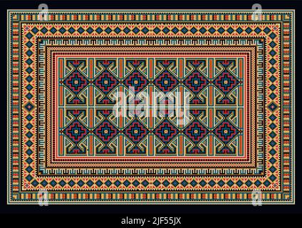 A motley oriental carpet with a patterned border and an original repeating geometric pattern in blue, crimson, black and white tones in the center on Stock Vector