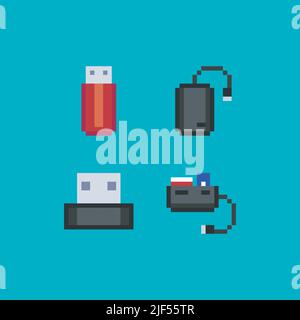 Pixel art usb flash drive, card reader and external storage device, vector 8 bit icon set on light blue background. Video game 8-bit sprite isolated Stock Vector