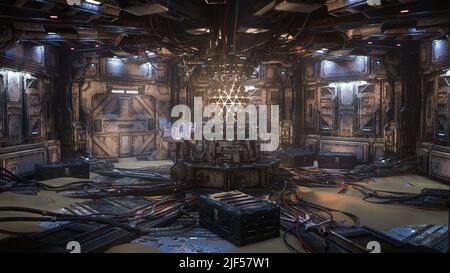 Dark grungy alien science fiction interior full of futuristic technology equipment. 3D rendering. Stock Photo