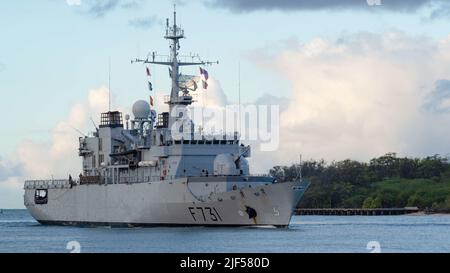 220628-N-OR809-1014  PEARL HARBOR (June 28, 2022) –  French Navy frigate Prairal  (F731) arrives at Joint Base Pearl Harbor-Hickam to participate in Rim of the Pacific (RIMPAC) 2022. Twenty-six nations, 38 ships, four submarines, more than 170 aircraft and 25,000 personnel are participating in RIMPAC from June 29 to Aug. 4 in and around the Hawaiian Islands and Southern California. The world’s largest international maritime exercise, RIMPAC provides a unique training opportunity while fostering and sustaining cooperative relationships among participants critical to ensuring the safety of sea l Stock Photo