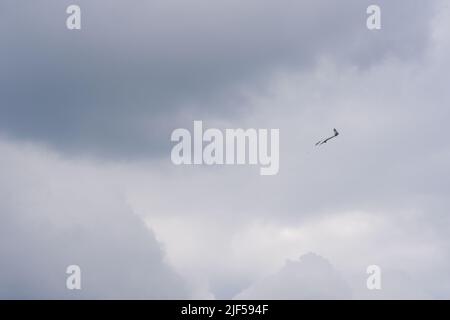 Glider flying high within dark clouds Stock Photo