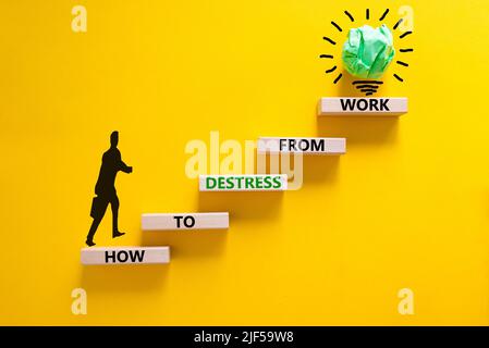 Destress from work symbol. Concept words How to destress from work on wooden blocks. Doctor icon. Beautiful yellow background. Psychological business Stock Photo