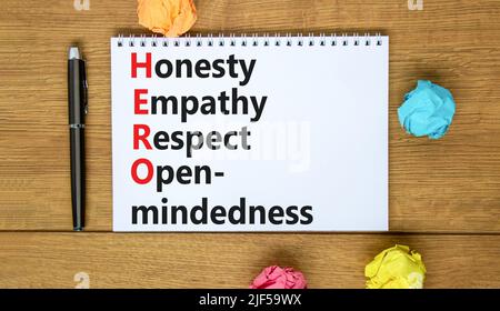 HERO honesty empathy respect open-mindedness symbol. Concept words HERO ...