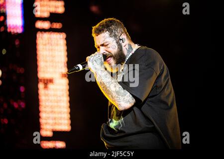 Roskilde, Denmark. 29th June, 2022. The American rapper and lyricist Post Malone performs a live concert during the Danish music festival Roskilde Festival 2022 in Roskilde. (Photo Credit: Gonzales Photo/Alamy Live News Stock Photo