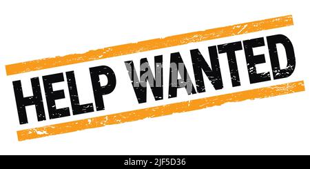 HELP WANTED text written on black-orange rectangle stamp sign. Stock Photo