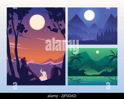set landscape night scene Stock Vector