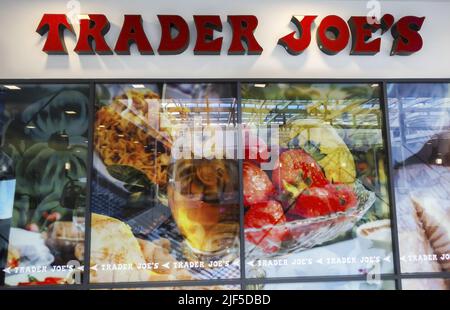 Trader Joe or Trader Joe's Store Front Window with trademark Sign Red Text Logo in La Jolla California University Town Centre Stock Photo