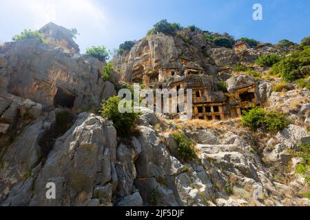 View of the ancient Lycian rock tombs in the city of Myra Stock Photo