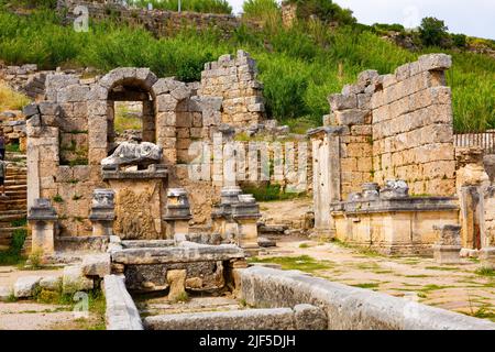 Scenic ruins of nymphaeum in Perge at Antalya Province, Turkey. Stock Photo