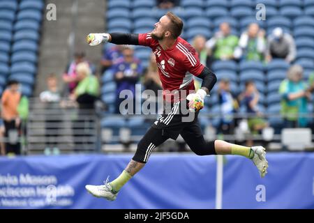 Seattle, WA, USA. 29th June, 2022. Seattle Sounders goalkeeper Stefan Frei gets airborne during warmups before MLS soccer match between CF Montreal and Seattle Sounders FC at Lumen Field in Seattle, WA. Steve Faber/CSM/Alamy Live News Stock Photo