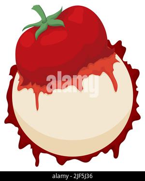 Tomato squished over round button, spilling ketchup, isolated over white background. Stock Vector