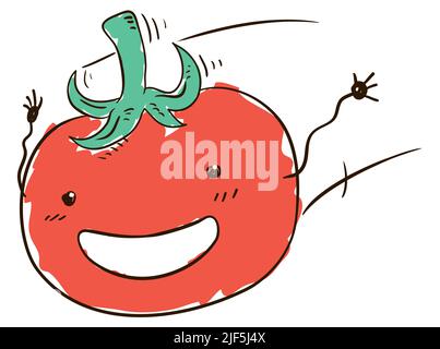 Cute doodle of smiling flying tomato character with arms and speed lines. Stock Vector