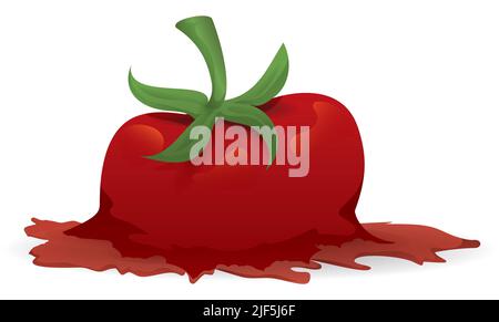 Squashed tomato with stem on, spilling its juice, isolated over white background. Stock Vector