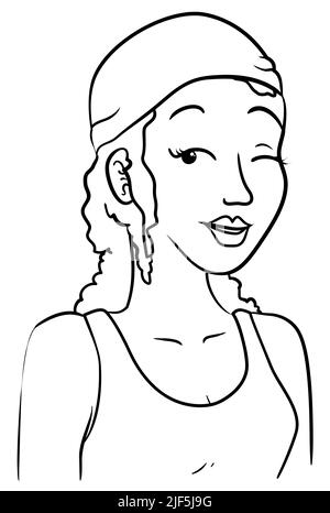 Portrait for coloring of a woman with bandana and blouse winking at you in outlines. Stock Vector