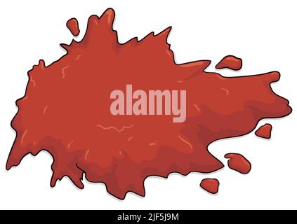 Red splash liquid like ketchup, paint or blood and some drops in cartoon style over white background. Stock Vector