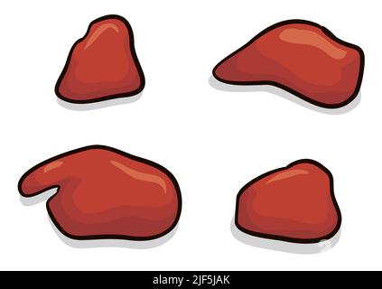 Set with four red drops in cartoon style and dark outlines over white background. Stock Vector