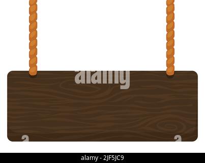 Empty wooden sign template with long cords in cartoon style, hanging from the top. Stock Vector