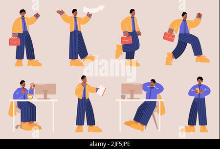 Businessman, office black skin worker poses set. Vector flat illustrations of employee character with briefcase and phone busy at workplace, run, hold arrow and thinking isolated on background Stock Vector