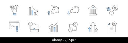 Stock market doodle icons, isolated vector set of linear signs. Finger choose dollar or euro currency, decline chart, bull head, bank building, briefcase, growing arrow graph, invest bonds, cogwheels Stock Vector