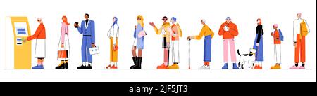 People at atm queue. Diverse characters stand in line waiting turn to draw or put money to automated teller machine. Clients terminal transaction, banking services. Linear flat vector illustration Stock Vector