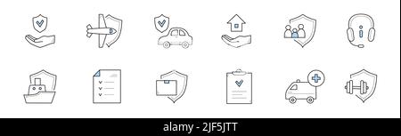 Insurance service doodle icons. Vector signs health, life and property protection. Hand with shield, airplane, car, house and family protection. Operator headset, policy document, ship, ambulance Stock Vector