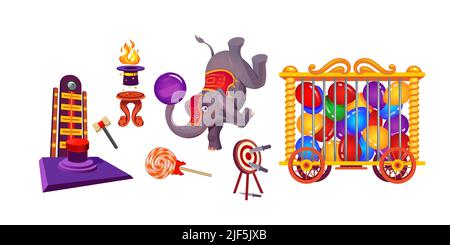 Circus stuff and elephant, big top tent animal artist with ball, wheeled cage with balloons, lollipop, amusement park attraction with hammer and button, magician hat and target, Cartoon vector set Stock Vector