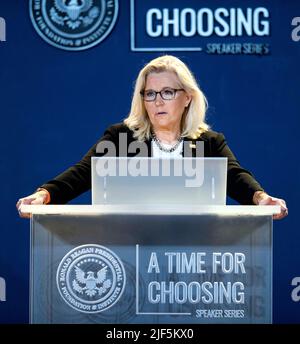 Simi Valley, California, USA. 29th June, 2022. Rep. LIZ CHENEY, (R-WY), the Vice Chair of the House Select Committee to Investigate the January 6 Attack on the United State Capitol, speaks at the Reagan Library in their ''Time for Choosing'' speakers series.(Credit Image: © Brian Cahn/ZUMA Press Wire) Stock Photo