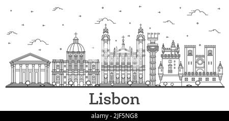 Outline Lisbon Portugal City Skyline with Historic Buildings Isolated on White. Vector Illustration. Lisbon Cityscape with Landmarks. Stock Vector