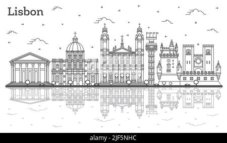 Outline Lisbon Portugal City Skyline with Historic Buildings and Reflections Isolated on White. Vector Illustration. Lisbon Cityscape with Landmarks. Stock Vector