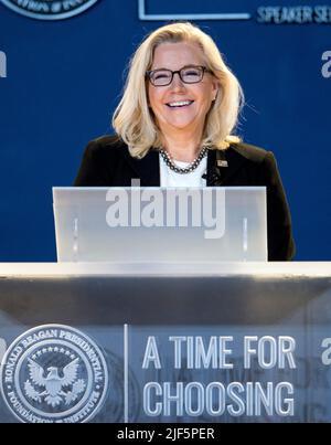 Simi Valley, California, USA. 29th June, 2022. Rep. LIZ CHENEY, (R-WY), the Vice Chair of the House Select Committee to Investigate the January 6 Attack on the United State Capitol, speaks at the Reagan Library in their ''Time for Choosing'' speakers series.(Credit Image: © Brian Cahn/ZUMA Press Wire) Stock Photo