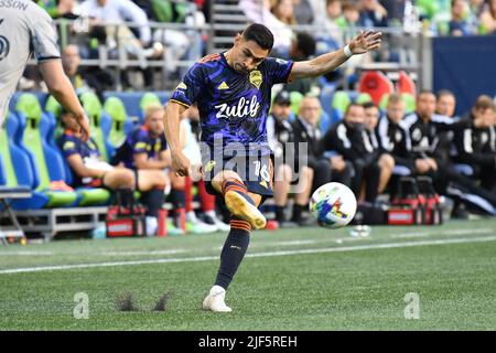 Seattle, WA, USA. 29th June, 2022. Seattle Sounders midfielder Alexander Roldan during the MLS soccer match between CF Montreal and Seattle Sounders FC at Lumen Field in Seattle, WA. Montreal defeated Seattle 2-1. Steve Faber/CSM/Alamy Live News Stock Photo