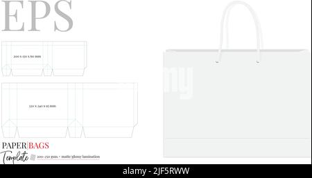 Paper Bag Template, Vector with die cut, laser cut layers. White, clear, blank Shopping Bag mock up isolated on white background Stock Vector