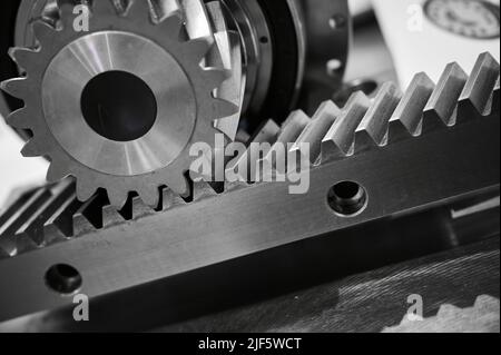 Transmission with metal cogwheel in assembling workshop Stock Photo