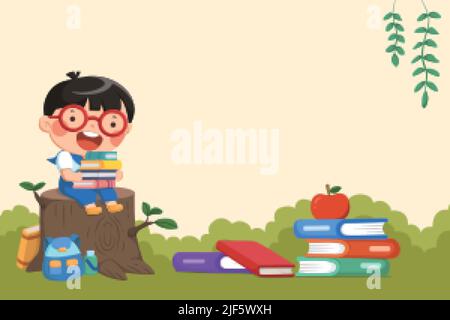 Cartoon illustration of schoolboy sitting on a tree log holding pile of books. Design for back to school Stock Vector