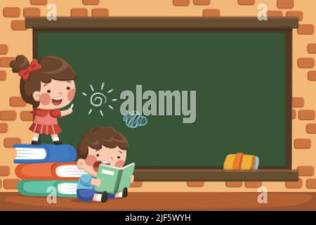 Cartoon illustration of children having fun in the classroom. A schoolboy reading books and a schoolgirl drawing on the blackboard on brick wall backg Stock Vector