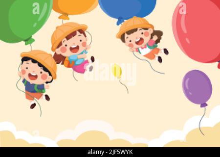 Cartoon illustration of cheerful boys and girls holding colorful rising balloons on yellow sky background. Design for back to school Stock Vector