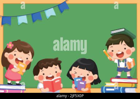 Cartoon illustration of four boys and girls in front of a blackboard discussing books they read in the classroom. Design for back to school Stock Vector