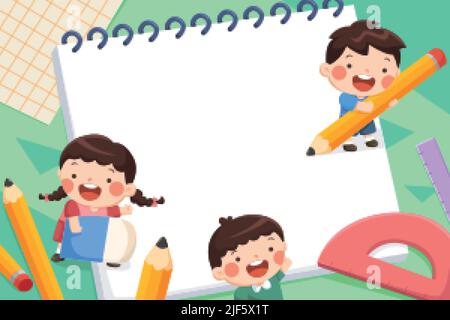 Cartoon illustration of three school children with pencils, and an eraser standing on a blank notebook sheet on green background. Design for back to s Stock Vector