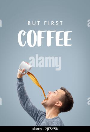 But first coffee - man drinking a lot of coffee Stock Photo