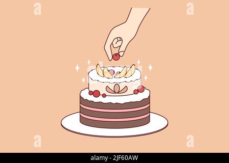 Person decorate cake with fruits. Chef preparing homemade delicious pie. Dessert and confectionary. Flat vector illustration.  Stock Vector