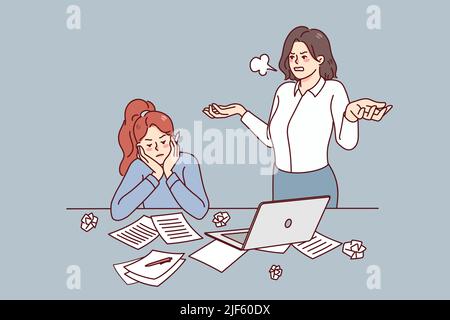 Furious boss stressed with employee unproductive work in office. Angry businesswoman unhappy with lazy worker at workplace. Vector illustration.  Stock Vector