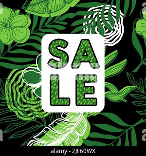 Discount banner, discount poster decorated with monochrome tropical leaves and strelitzia flowers. Tropical palm leaves, monster and hand-drawn sketch Stock Vector