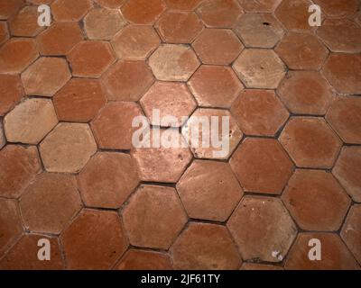 old hexagonal ceramic tiles floor detail texture Stock Photo