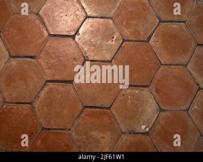 old hexagonal ceramic tiles floor detail texture Stock Photo