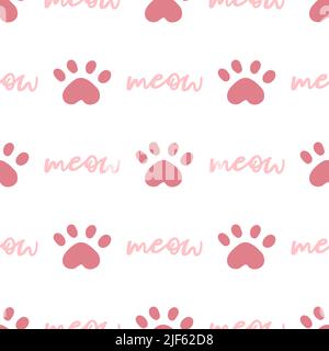 Pink cat seamless pattern. Meow and cat paws background vector illustration. Cute cartoon pastel character for nursery girl baby print. Stock Vector